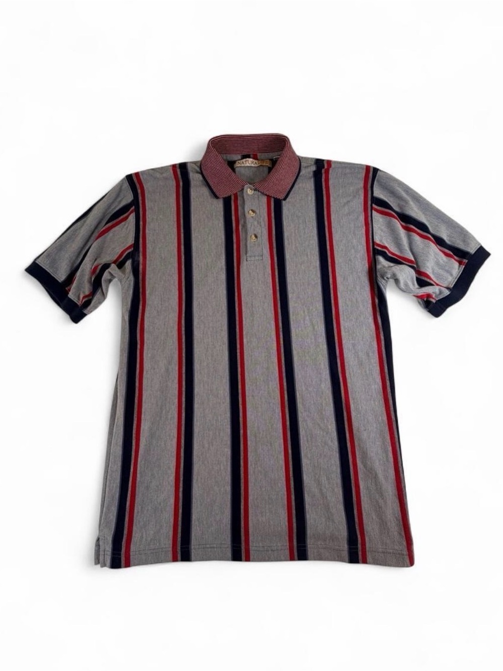 Vintage NATURAL LIFE Grey Polo with Navy & Red Stripes